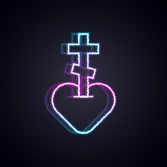 Glowing neon line Religious cross in the heart inside icon isolated on black background. Love of God, Catholic and Christian symbol. People pray. Vector