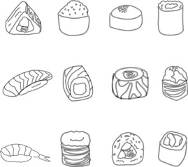 Sushi set japanese cuisine line drawing.