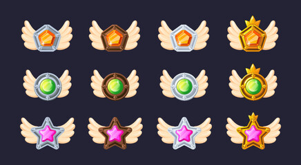 Game ranking levels. Rating award badges with crystal gem wings and royal crown, star round shield frame platinum medal of level up achievement insignia cartoon vector illustration
