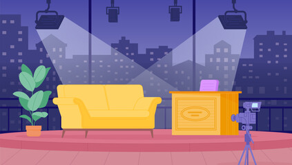 Talk show interior. Tv studio room for recording late evening talk-show, television entertainment apartment stage couch sofa camera and presenter table, cartoon vector illustration - obrazy, fototapety, plakaty