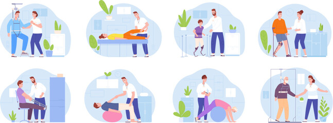 Physiotherapy rehabilitation. Injury recovery for knee trauma or orthopedic illness rehab, nurse care disabled people on wheelchair in prehab center, splendid vector illustration