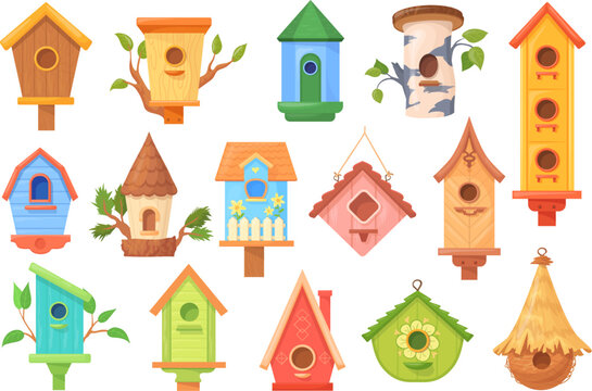 Handmade birdhouses. Crafted birdhouse with feeder on tree branch, cartoon wooden house for bird spring or autumn environment, colorful homemade birds nest neat vector illustration