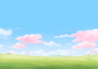 Large green grassland and pink clouds