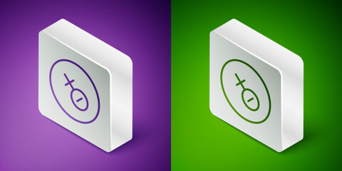 Isometric line Venus symbol icon isolated on purple and green background. Astrology, numerology, horoscope, astronomy. Silver square button. Vector