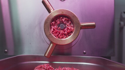 Industrial grinder. A man cook processes lard into minced meat in a butcher's shop. Premium ribeye or marbled beef. Semi-finished products