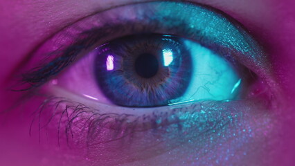 Close up shot of eye opening with blue iris. Healthy eyesight concept. Female blue eye in neon...