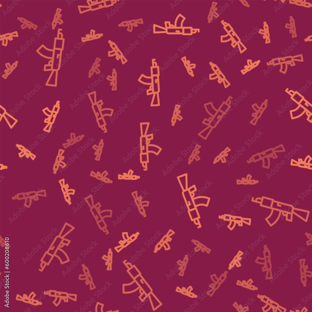 Poster brown line submachine gun icon isolated seamless pattern on red background. kalashnikov or ak47. vec