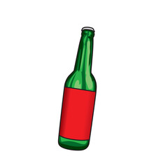 Illustration of green bottle with red label for beer, wine, and champagne