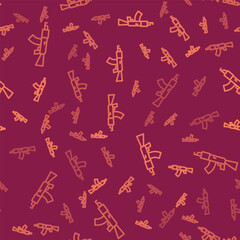 Brown line Submachine gun icon isolated seamless pattern on red background. Kalashnikov or AK47. Vector