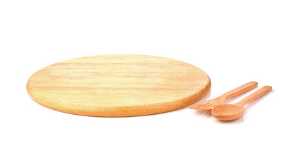 Round Cutting board, wooden board with spoon and fork on white background.