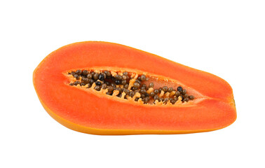 Ripe papaya fruit with seeds isolated on white background.