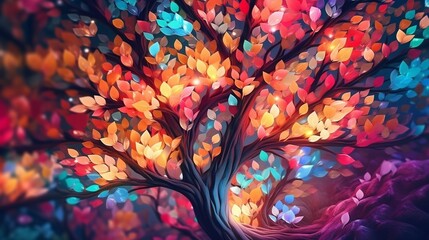 Colorful Flowers and Leaves Colourful Hanging from Tree Branches, Beautifully 3D Abstraction Wallpaper