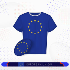 European Union rugby jersey with rugby ball of European Union on abstract sport background.