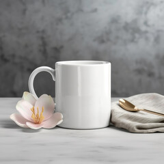 Coffee mug, a white cup on a table. Styled photo, product mockup, created with Generative AI technology.