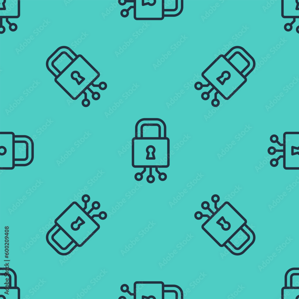 Poster black line cyber security icon isolated seamless pattern on green background. closed padlock on digi