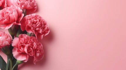 Fototapeta premium Pink carnations on a pink gradient background with copy space. Generative AI.