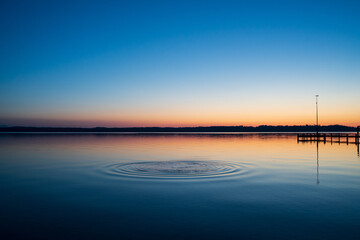 Ripples on the surface of a lake during a sunset.