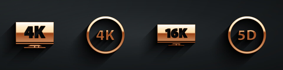 Set Screen tv with 4k, 4k Ultra HD, Screen tv with 16k and 5d virtual reality icon with long shadow. Vector