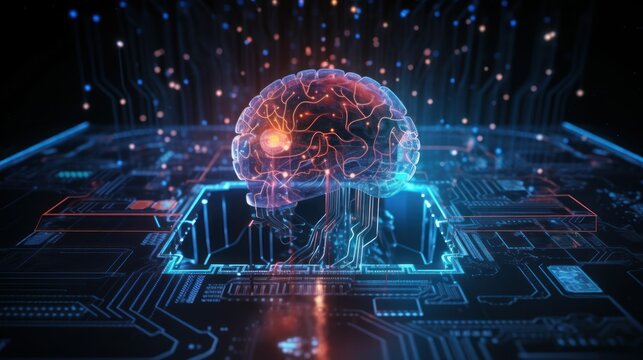 A brain in the shape of an electronic circuit board with a glowing neon background Generative art