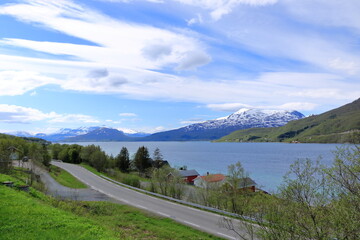 View to the Tjelsund Fjord from from the Tjelsund bridge, connecting the Norway mainland to the...