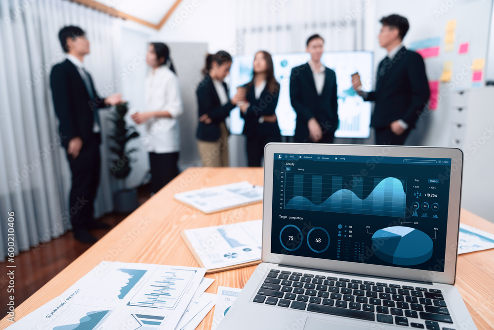 Poster focus laptop monitor display dashboard report by business intelligence, analyzed financial data for 