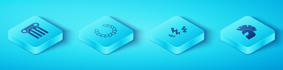 Set Isometric Ancient column, Laurel wreath, Greek helmet and Zeus icon. Vector