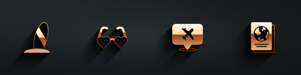 Obraz premium Set Surfboard, Heart shaped love glasses, Speech bubble with airplane and Passport icon with long shadow. Vector