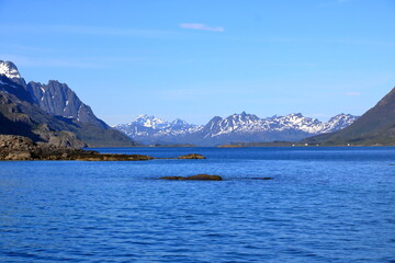Obraz premium Mountains and fjords on Lofoten islands, Norway viewed from the boat