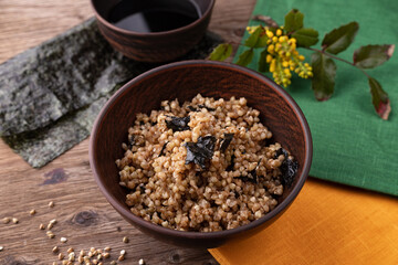 Healthy buckwheat porridge with nori and soy sauce