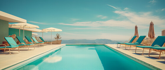 Illustration of an aquamarine color swimming pool in a small hotel. resort for a summer vacation. An exotic getaway to relax and sunbathe (generative AI) 