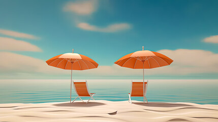 Illustration of a tropical beach vacation with orange beach chairs and an umbrella. An exotic summer vacation to relax (generative AI)