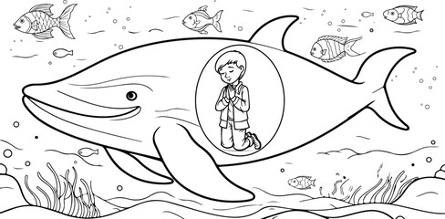 Coloring page, Jonah Jonas old testament bible tale inside the whale big fish in the sea