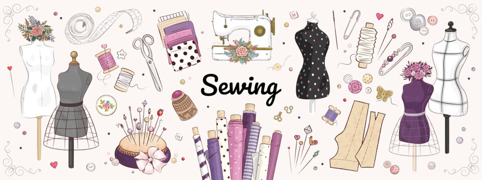 Vector hand drawn sewing retro set. Collection of highly detailed hand drawn mannequins and sewing tools isolated on background