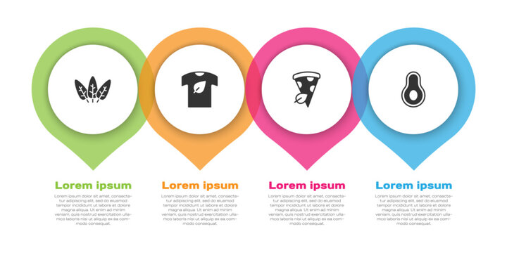 Set Leaf, Vegan shirt, pizza slice and Avocado fruit. Business infographic template. Vector