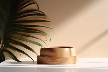Natural wooden tray on white counter with palm shadow, ideal for showcasing natural cosmetics products.