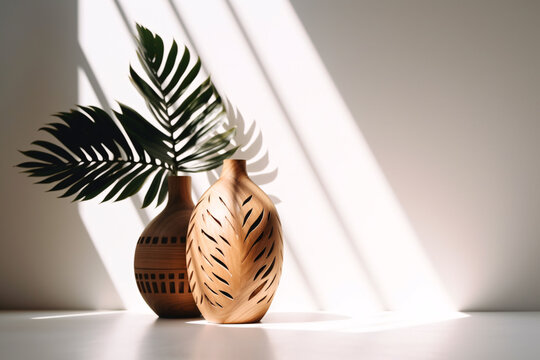 Two stunning wooden vases with intricate carvings sit on a white table, basking in soft sunlight with a backdrop of lush palm leaves.