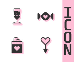 Set Female gender symbol, Glass of champagne, Shopping bag with heart and Candy icon. Vector