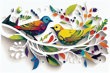 Modern minimal CG of bird on tree and foliage. distinct generative AI image.