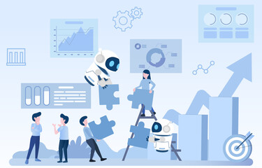 Collaboration between human and ai robot to achieve a common goals. Working together to complete puzzle jigsaw to success project. Flat vector illustration. - obrazy, fototapety, plakaty