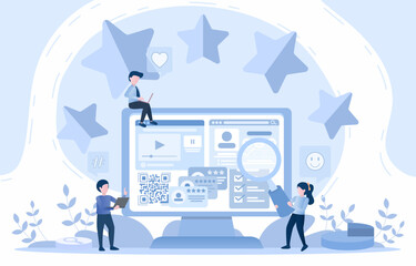 Online customer positive review. Analysis of suggestions for improvement. Respond to customer review feedback and committed to providing the best customer experience. Flat vector illustration.