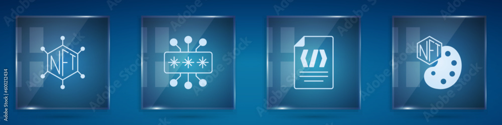 Poster set nft blockchain technology, cyber security, binary code and digital crypto art. square glass pane