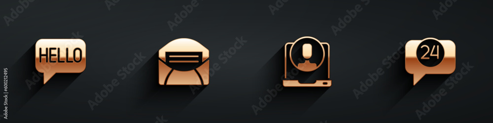 Poster set hello in different languages, mail and e-mail, telephone 24 hours support and icon with long sha