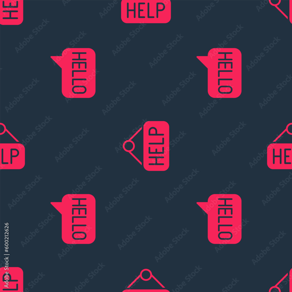 Poster set hello in different languages and signboard with text help on seamless pattern. vector