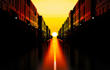 sunset in the city street
