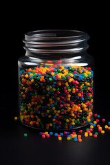 Recycled crushed plastic granules turned into new reused material. Plastic crossover. Recycled plastic with mixed colors. Generative AI