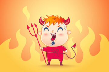 Vector illustration of a cute devil in kawaii style. Good and bad. Children is in costume of devil