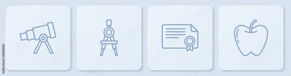 Poster set line telescope, certificate template, drawing compass and apple. white square button. vector