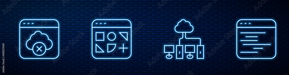 Poster set line computer network, failed access cloud storage, different files and software. glowing neon i