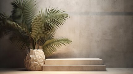 Fototapeta na wymiar Green product podium palm leaf on natural background. Realistic design. Interior design. Banner background. Product display. Abstract background. Pastel background.