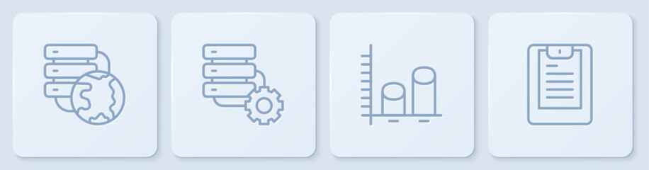 Set line Network cloud connection, Data analysis, Server and gear and Server, report. White square button. Vector